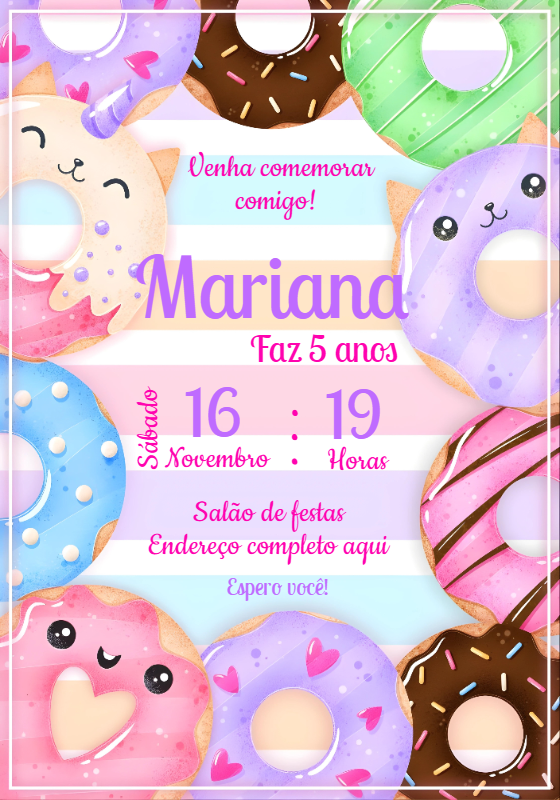 Convite de Aniversário Donuts Fofos para Editar Online Convite de Aniversário Donuts Fofos para Editar Online