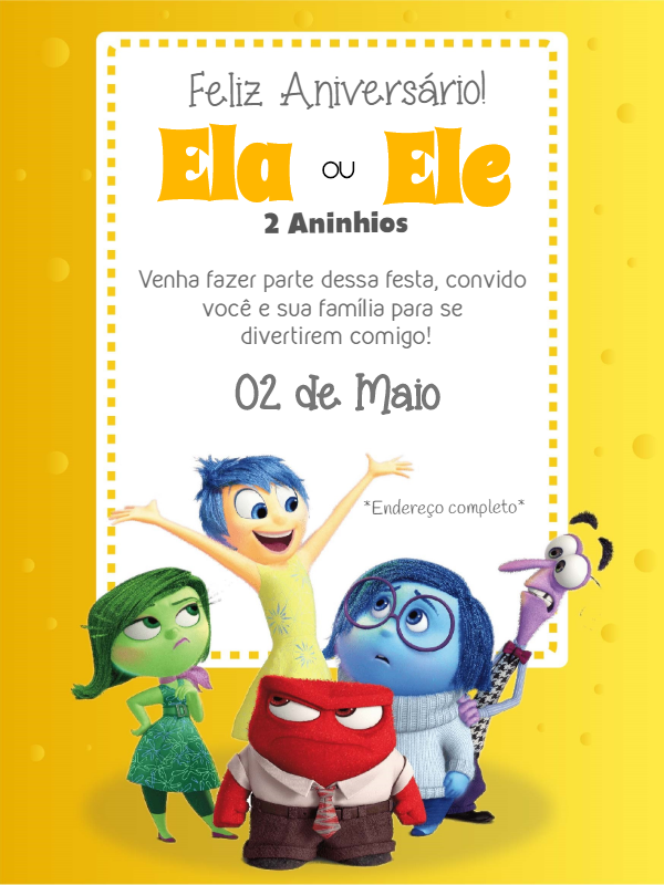 Convite de Aniversário Divertidamente com Personagens para Editar Convite de Aniversário Divertidamente com Personagens para Editar