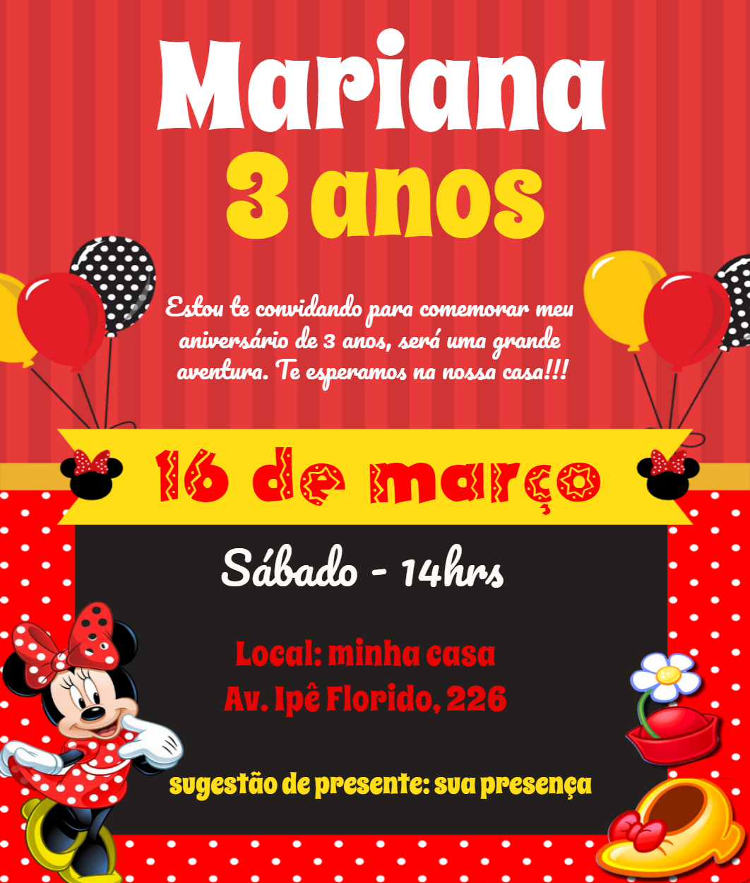 Convite de Aniversário Minnie Mouse Vermelha para Editar Convite de Aniversário Minnie Mouse Vermelha para Editar