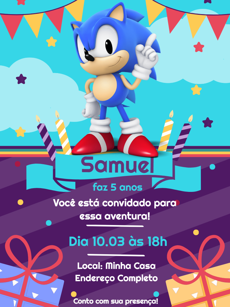 Convite de Aniversário Sonic Editável Online para Festa Infantil Convite de Aniversário Sonic Editável Online para Festa Infantil