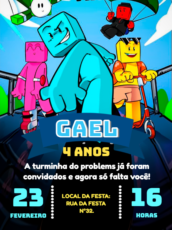 Convite de Aniversário Turma do Problems para Editar Online