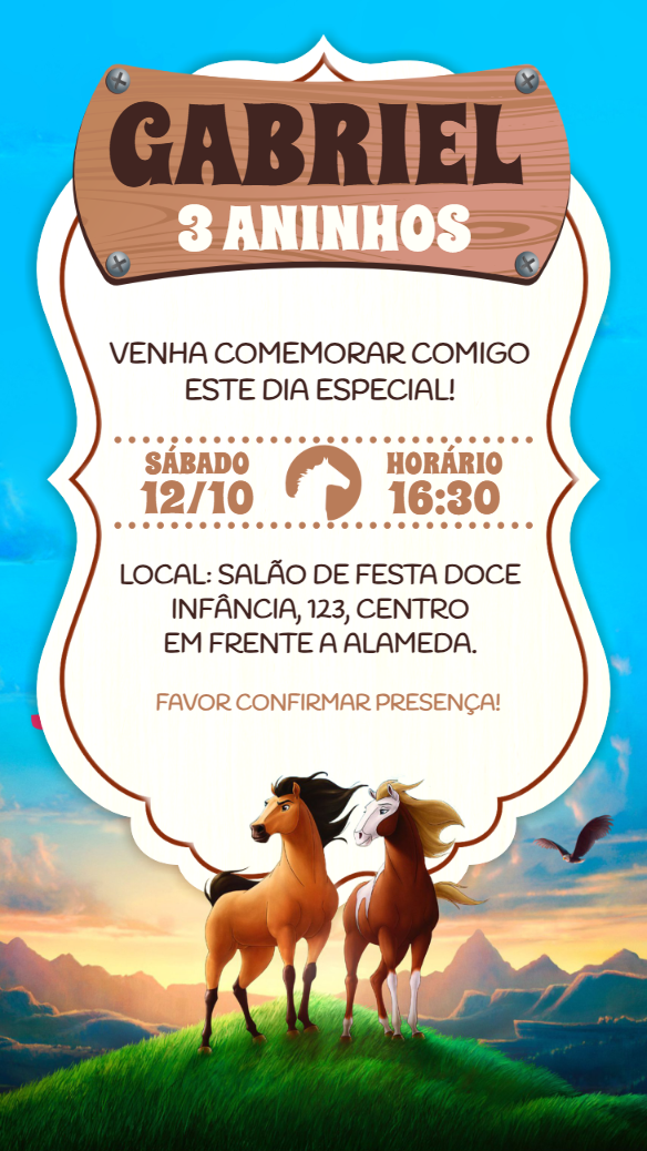 Convite de Aniversário Spirit O Corcel Indomável para Editar Convite de Aniversário Spirit O Corcel Indomável para Editar