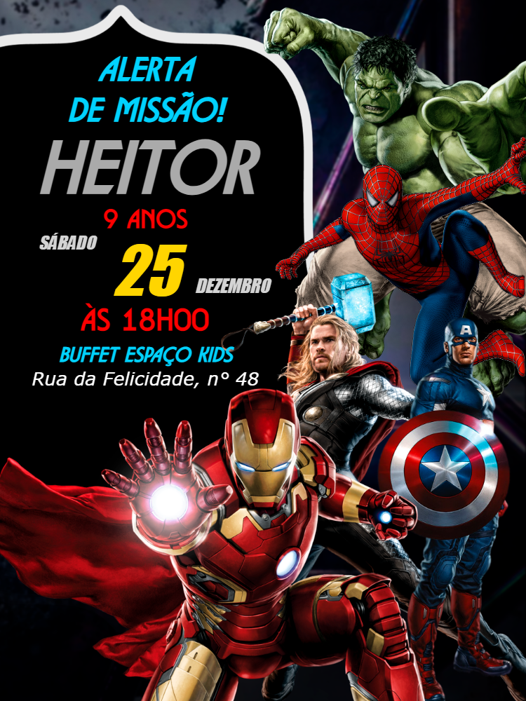 Convite de Aniversário Vingadores com Heróis para Editar Convite de Aniversário Vingadores com Heróis para Editar
