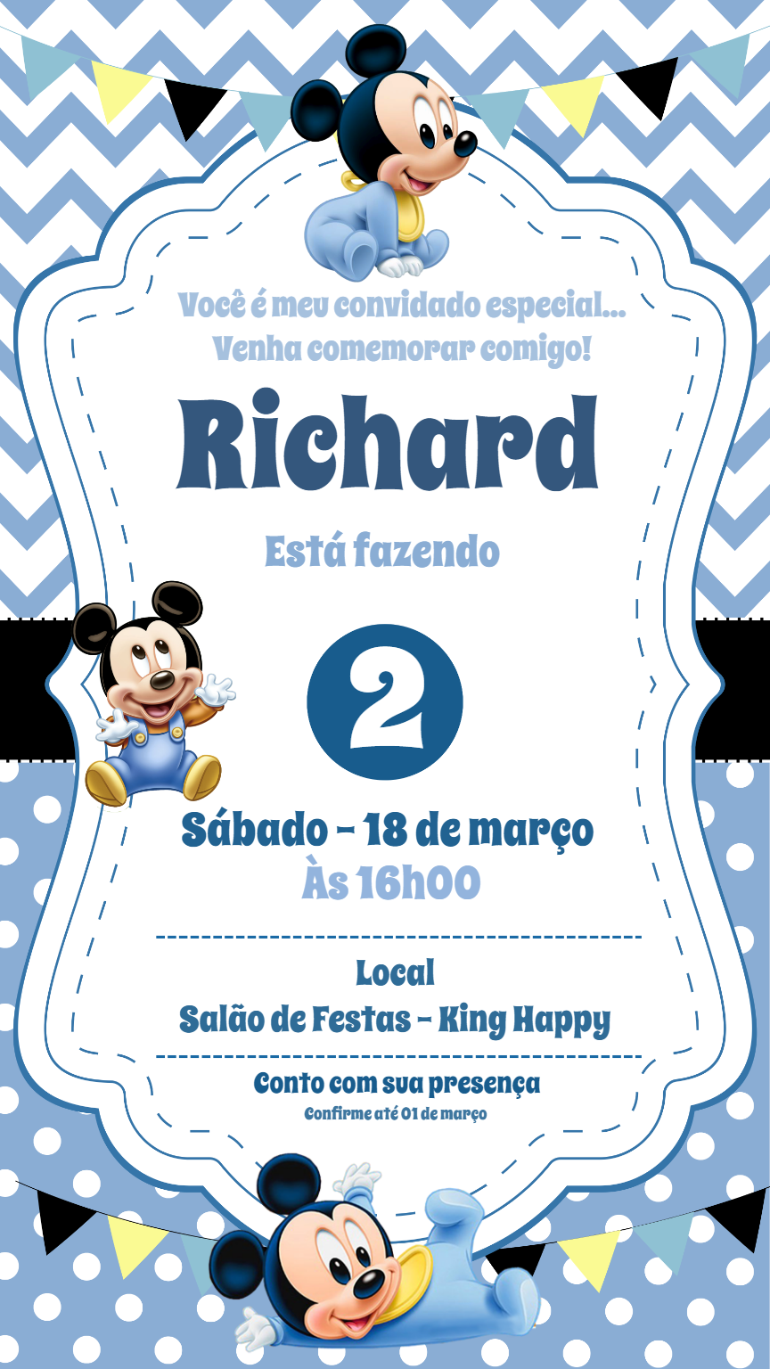 Convite de Aniversário Mickey Baby Azul para Editar Online Convite de Aniversário Mickey Baby Azul para Editar Online