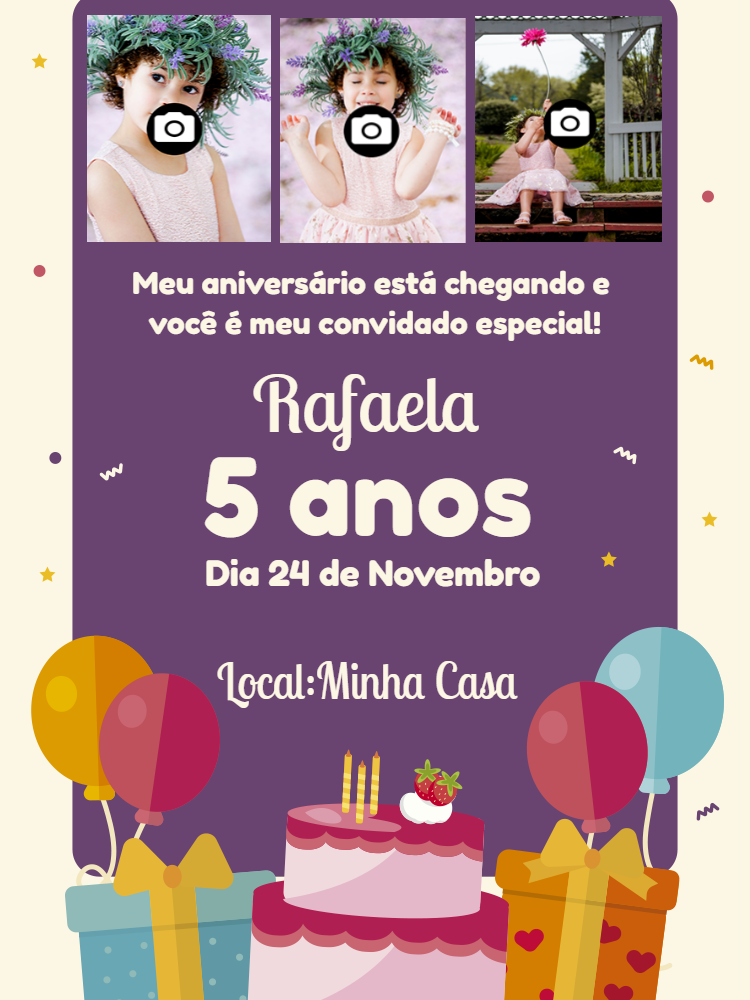 Convite de Aniversário com Bolo e Fotos para Editar Online