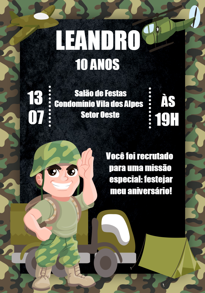 Convite Aniversário Exército para Editar Online Convite Aniversário Exército para Editar Online