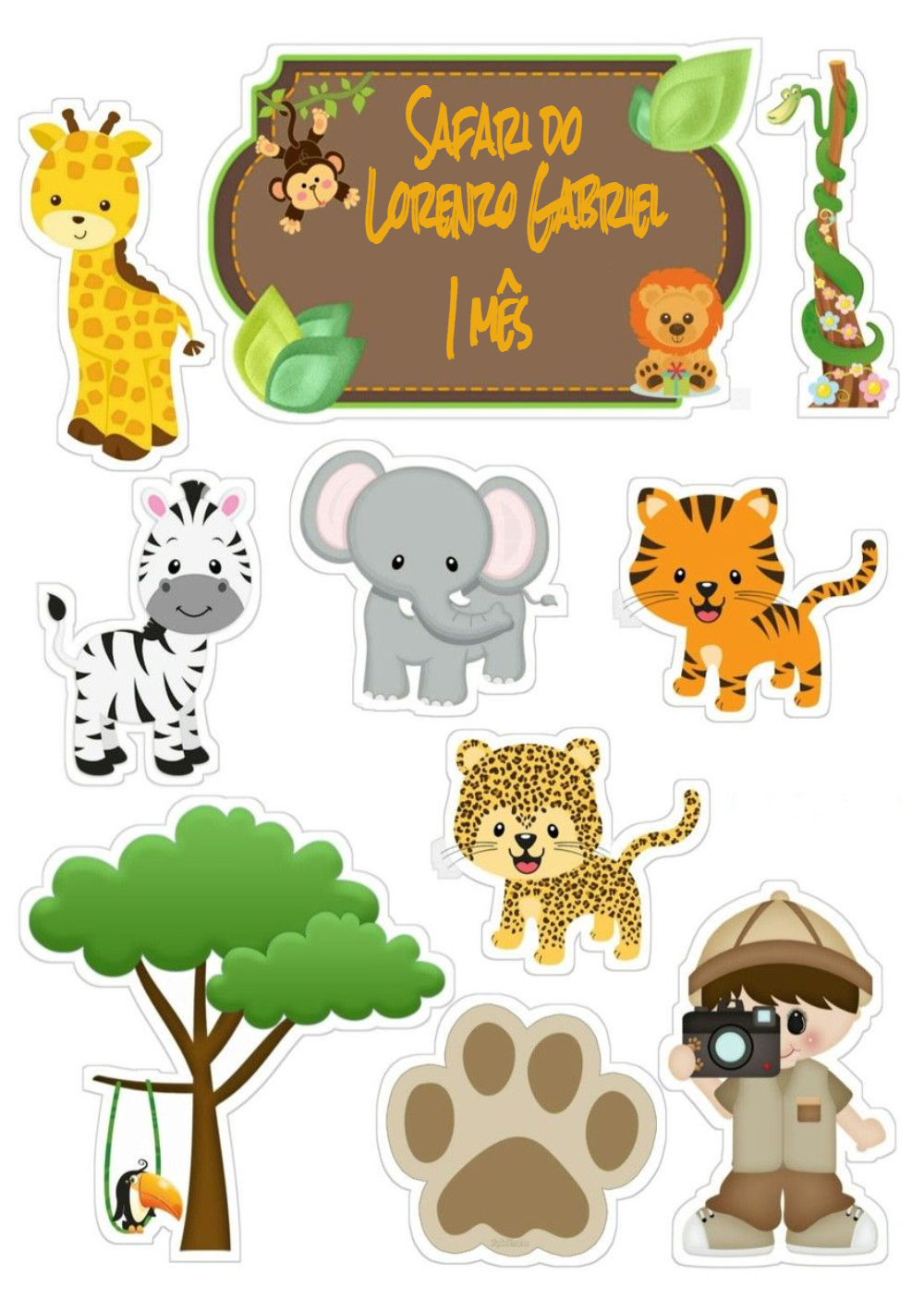 Topo de Bolo Aniversário Safari com Bichinhos para Editar Topo de Bolo Aniversário Safari com Bichinhos para Editar