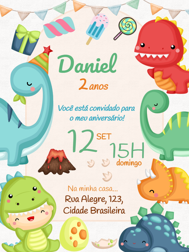 Convite de Aniversário Dinossauros Fofos para Editar Convite de Aniversário Dinossauros Fofos para Editar