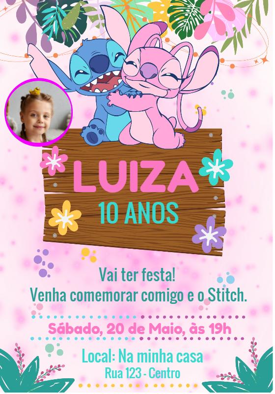 Convite Aniversário Stitch e Angel com Foto para Editar Online Convite Aniversário Stitch e Angel com Foto para Editar Online