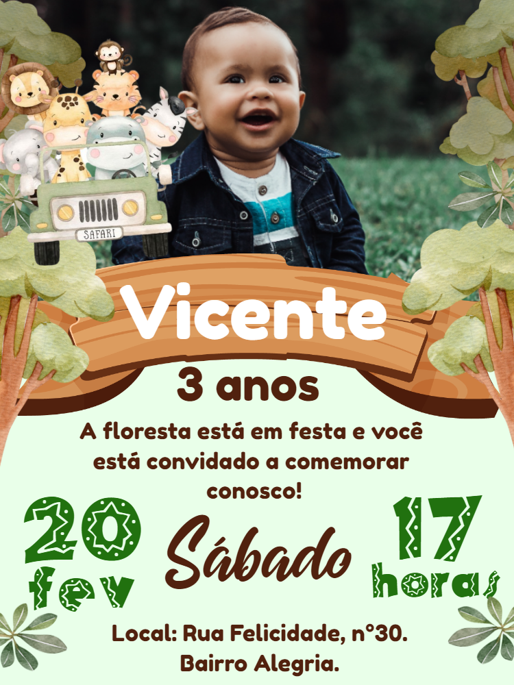 Convite de Aniversário Safari com Foto para Editar Online Convite de Aniversário Safari com Foto para Editar Online