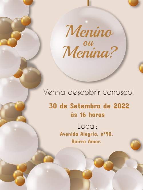 Convite Chá Revelação Balões Dourados para Editar Online Convite Chá Revelação Balões Dourados para Editar Online