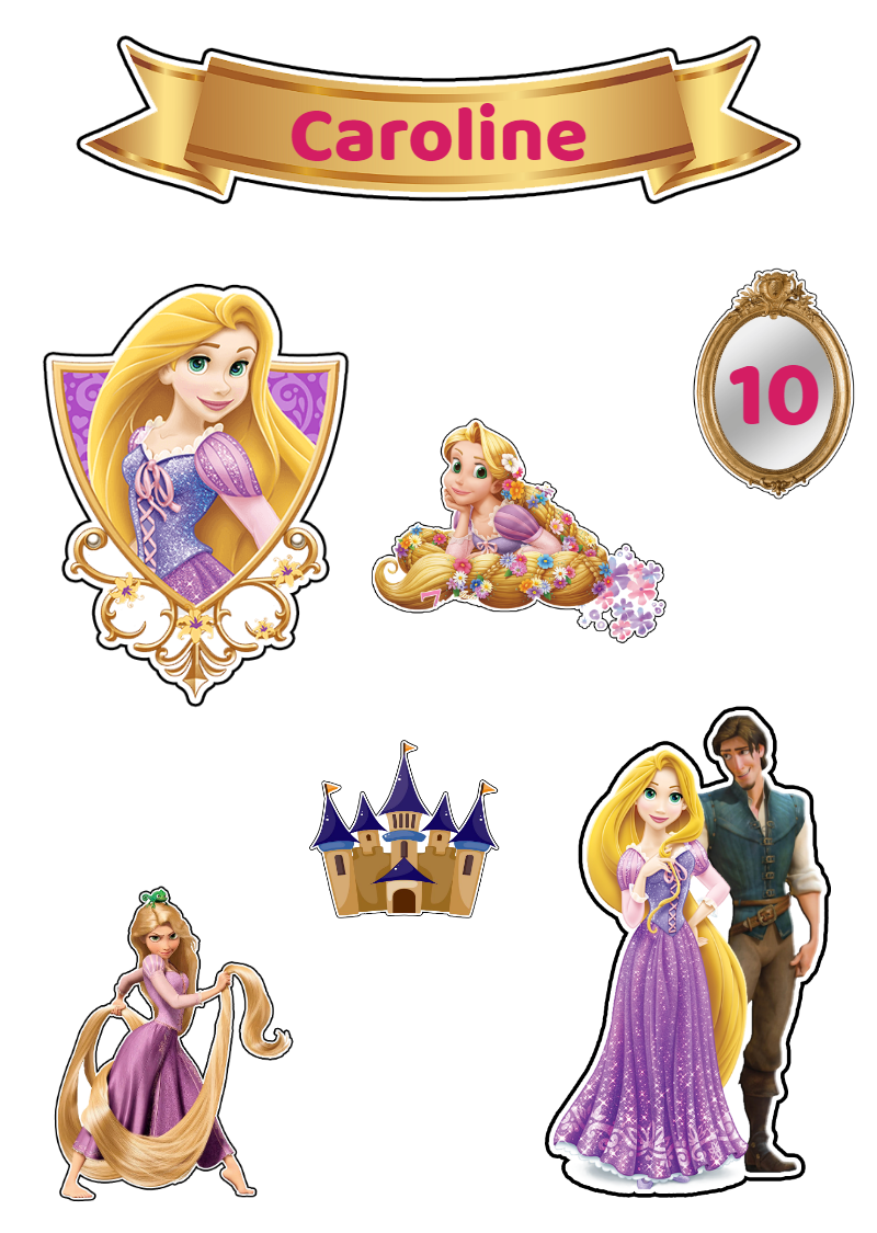 Topo de Bolo Aniversário Rapunzel com Personagens para Editar