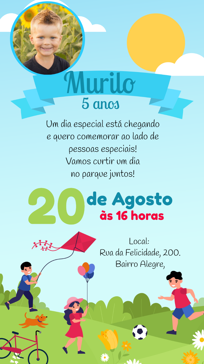 Convite Aniversário Infantil no Parque com Foto para Editar Convite Aniversário Infantil no Parque com Foto para Editar