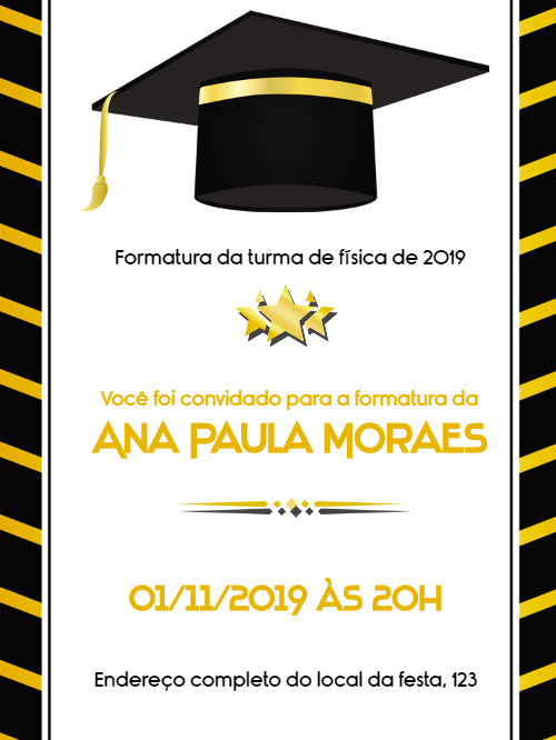Convite de Formatura Elegante Preto e Dourado para Editar