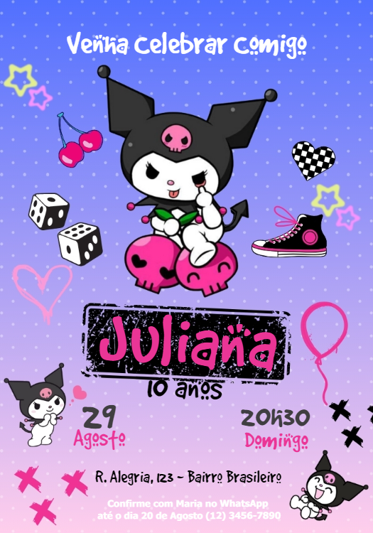 Convite de Aniversário da Kuromi para Editar Online Convite de Aniversário da Kuromi para Editar Online