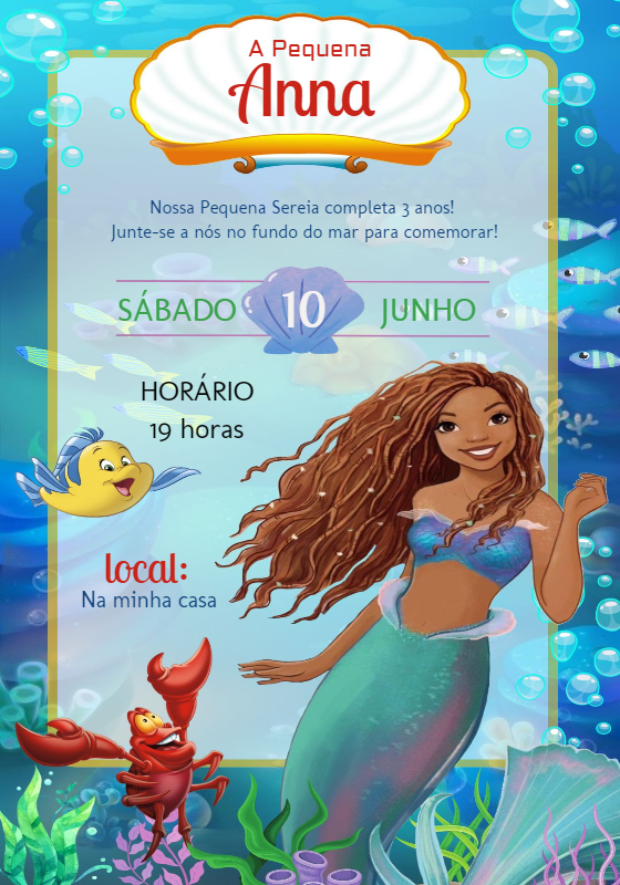 Convite Aniversário A Pequena Sereia Live Action para Editar