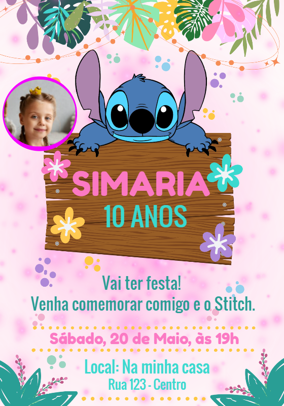 Convite de Aniversário Stitch com Foto para Editar Online