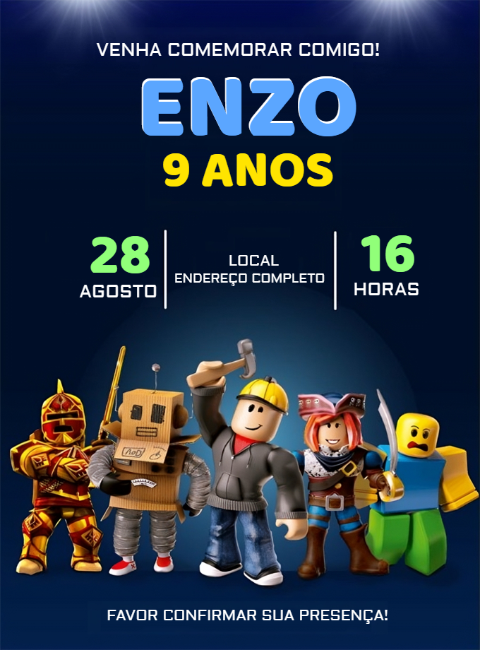 Convite de Aniversário Roblox com Personagens para Editar Convite de Aniversário Roblox com Personagens para Editar