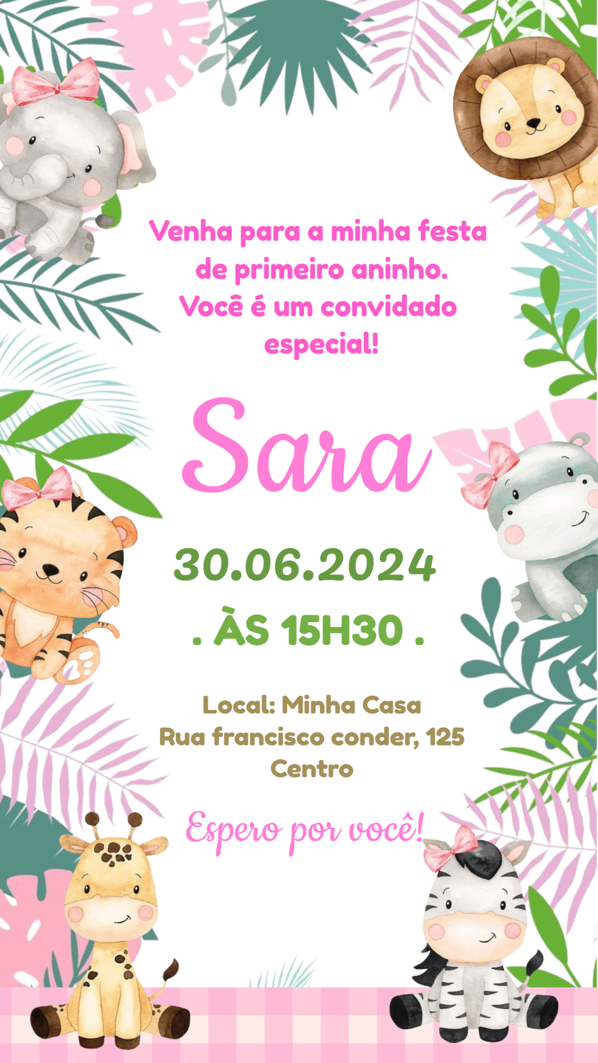 Convite Aniversário Safari Rosa com Animais para Editar Online Convite Aniversário Safari Rosa com Animais para Editar Online