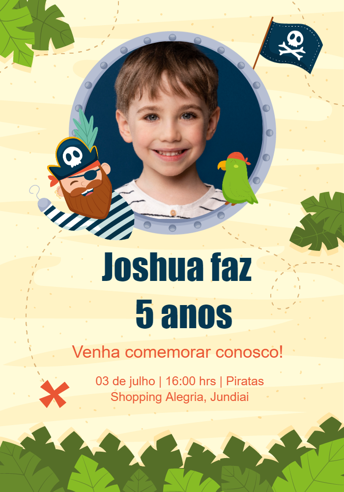 Convite de Aniversário Pirata com Foto para Editar Online Convite de Aniversário Pirata com Foto para Editar Online