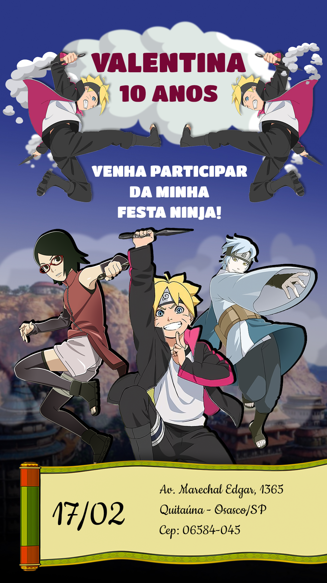Convite de Aniversário Boruto com Personagens para Editar Online Convite de Aniversário Boruto com Personagens para Editar Online