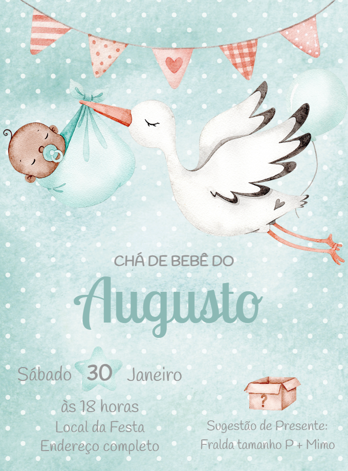 Convite Chá de Bebê Cegonha Aquarela para Editar Online Convite Chá de Bebê Cegonha Aquarela para Editar Online