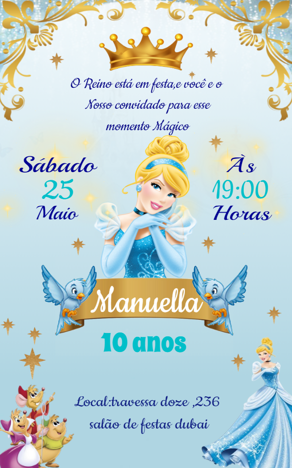 Convite de Aniversário da Cinderela para Editar Online Convite de Aniversário da Cinderela para Editar Online