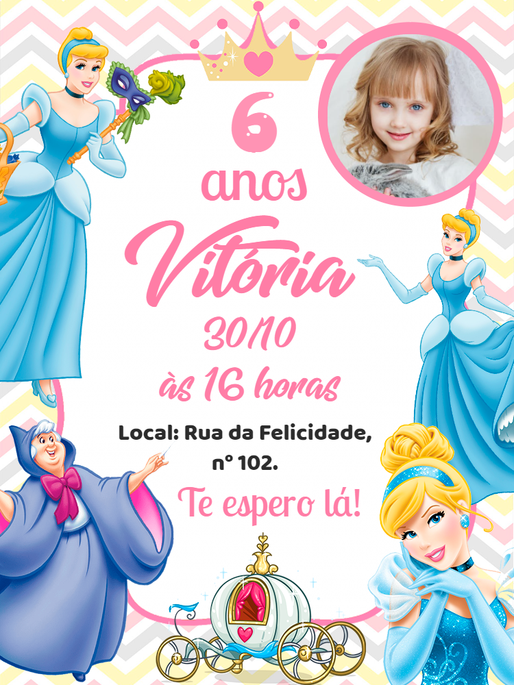 Convite Aniversário Cinderela com Foto para Editar Online