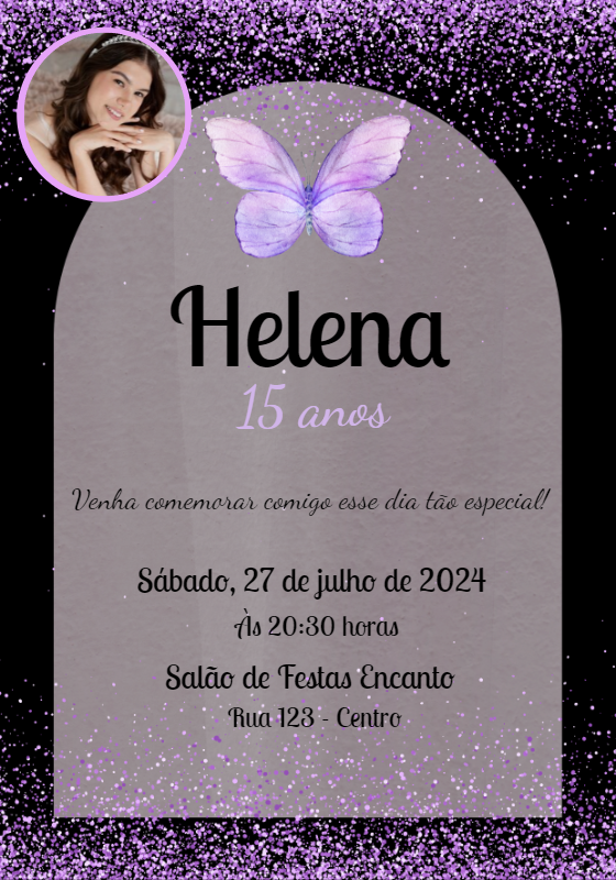 Convite 15 Anos Lilás com Borboleta e Foto para Editar Convite 15 Anos Lilás com Borboleta e Foto para Editar