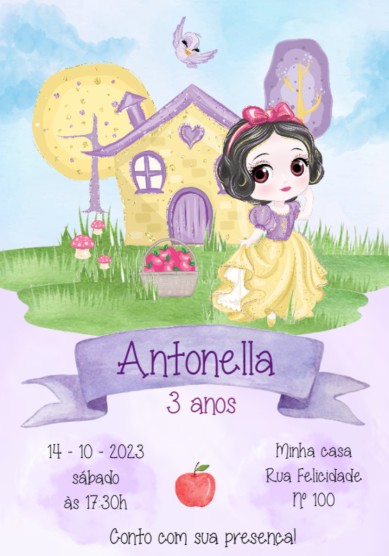 Convite Aniversário Branca de Neve Aquarela para Editar Online Convite Aniversário Branca de Neve Aquarela para Editar Online