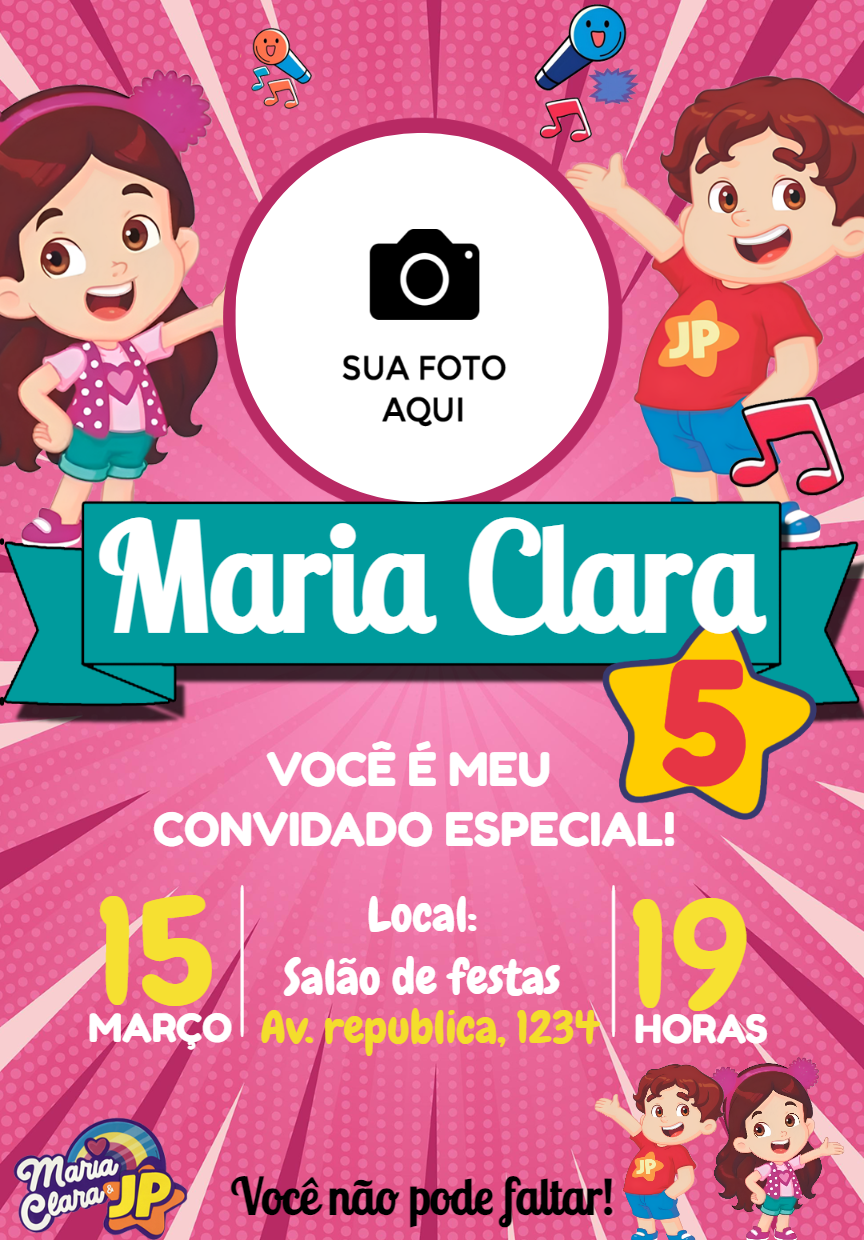 Convite Aniversário Maria Clara e JP com Foto para Editar Online Convite Aniversário Maria Clara e JP com Foto para Editar Online
