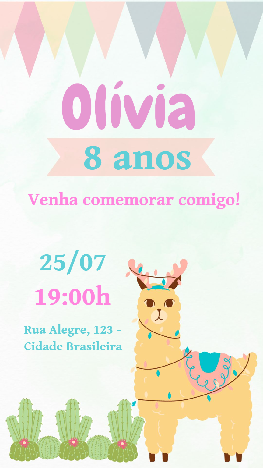 Convite de Aniversário Lhama Fofa para Editar Online Convite de Aniversário Lhama Fofa para Editar Online