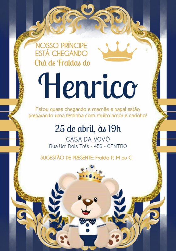Convite Chá de Fraldas Ursinho Príncipe Dourado para Editar Convite Chá de Fraldas Ursinho Príncipe Dourado para Editar
