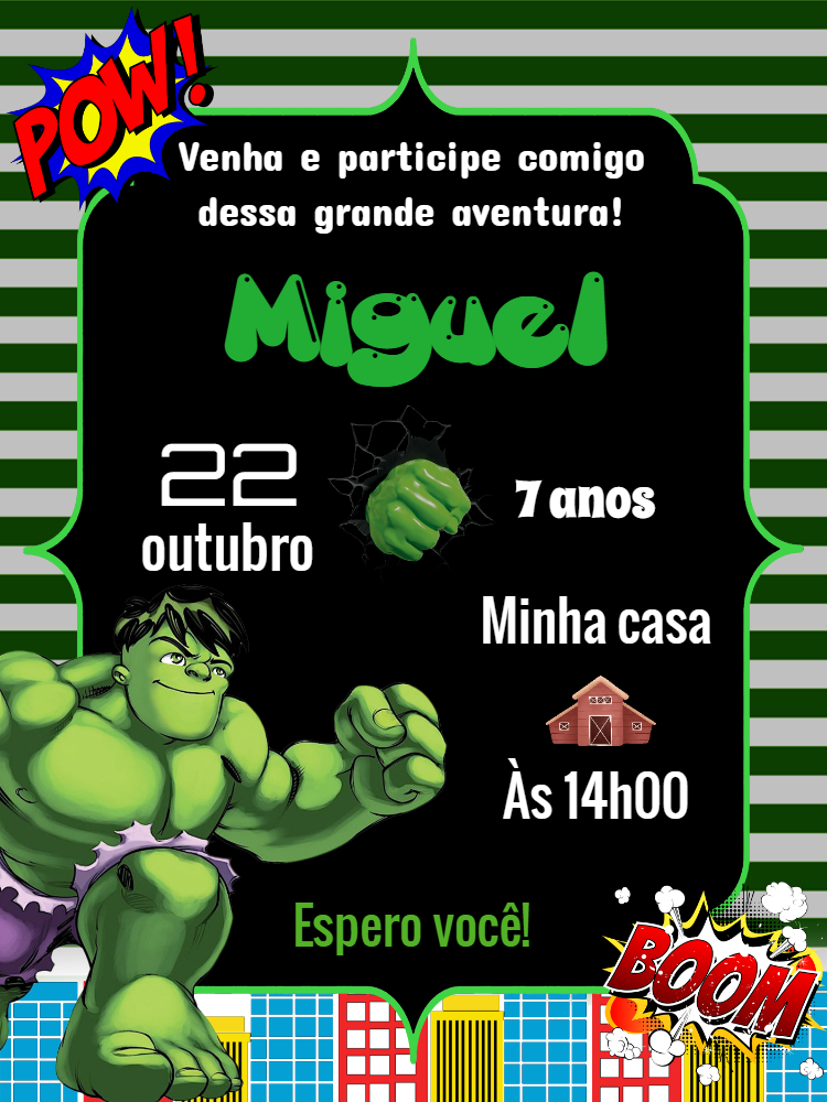Convite Aniversário Hulk para Editar e Personalizar Online Convite Aniversário Hulk para Editar e Personalizar Online