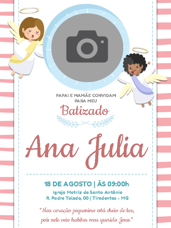 Convite de Batizado com Foto e Anjinhos para Editar Online