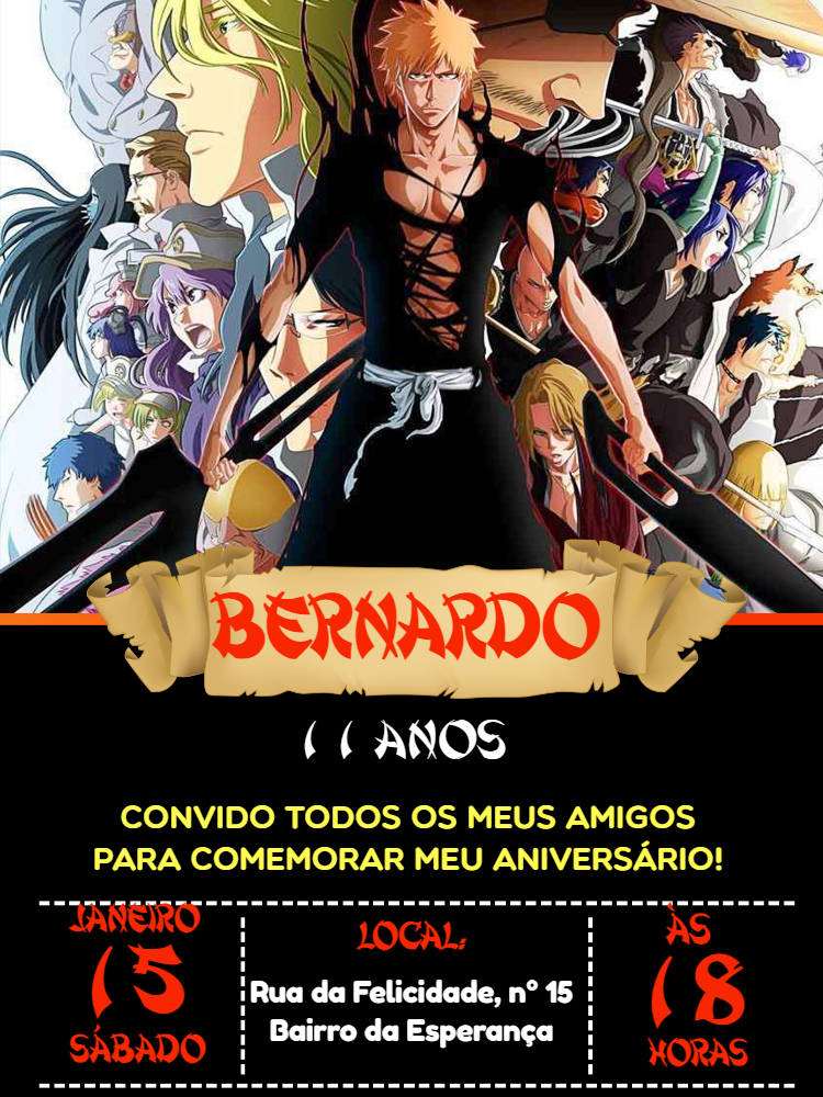Convite de Aniversário Bleach com Personagens para Editar Online Convite de Aniversário Bleach com Personagens para Editar Online