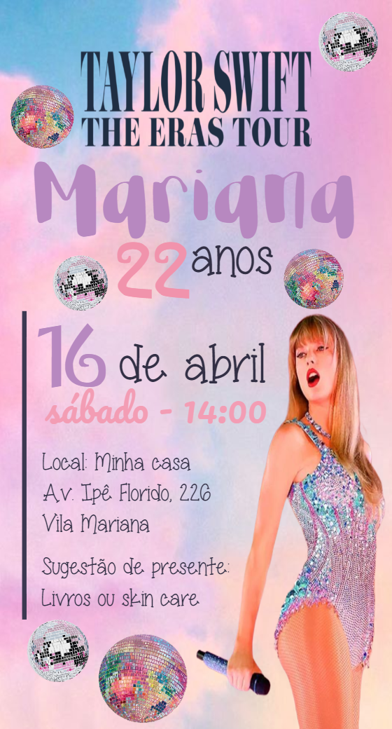 Convite Aniversário Taylor Swift The Eras Tour para Editar Online Convite Aniversário Taylor Swift The Eras Tour para Editar Online