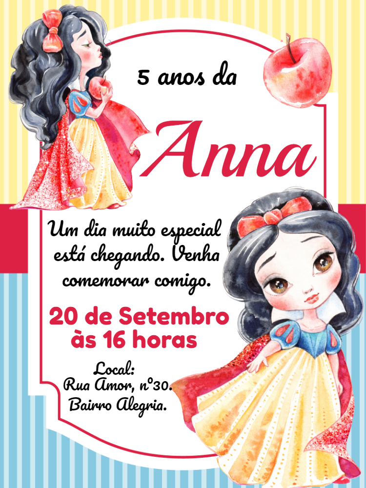 Convite Aniversário Branca de Neve Aquarela para Editar Online Convite Aniversário Branca de Neve Aquarela para Editar Online