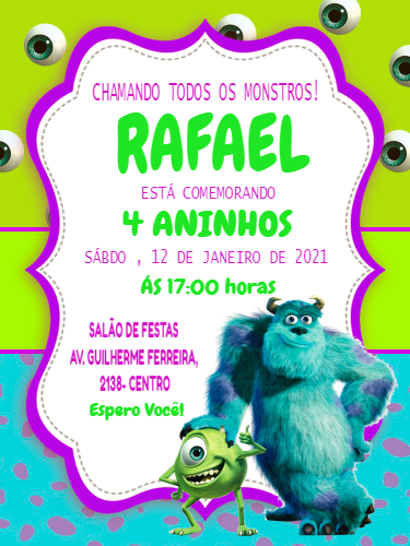 Convite Aniversário Monstros SA com Mike e Sulley para Editar Convite Aniversário Monstros SA com Mike e Sulley para Editar