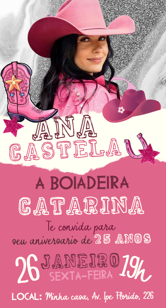 Convite de Aniversário Boiadeira Rosa para Editar Online Convite de Aniversário Boiadeira Rosa para Editar Online