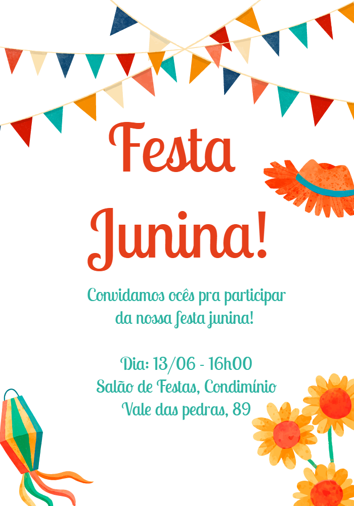 Convite Festa Junina com Bandeirinhas e Balão para Editar Online Convite Festa Junina com Bandeirinhas e Balão para Editar Online