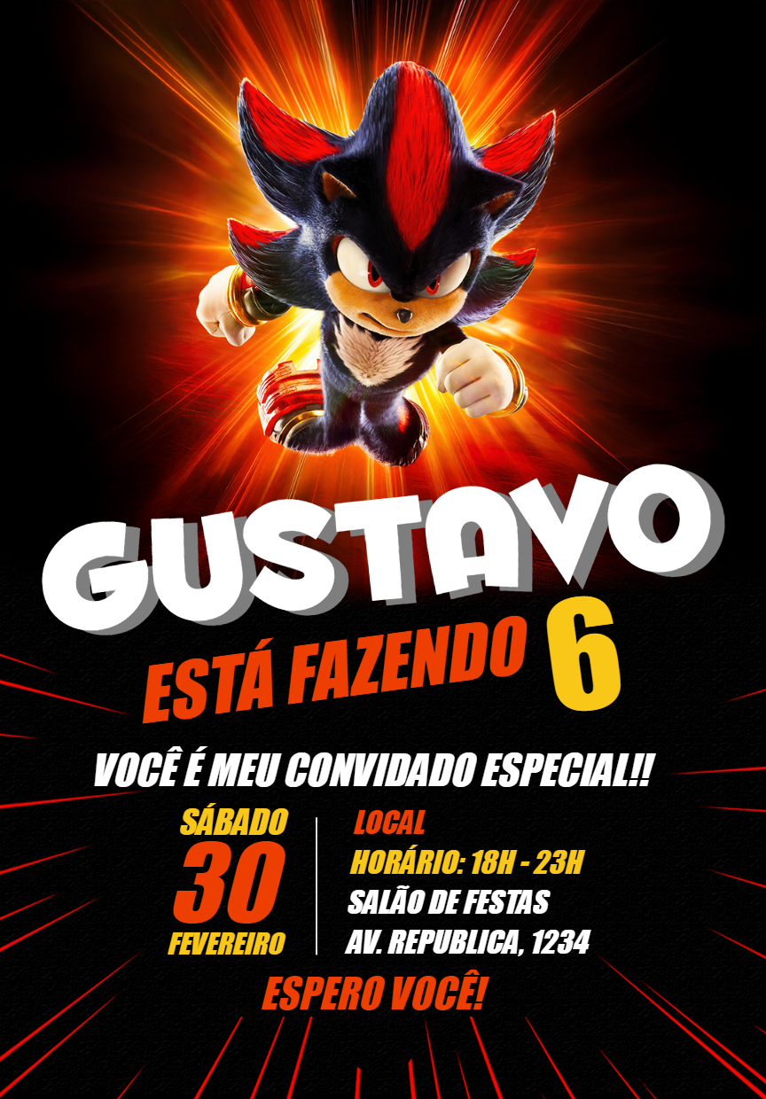 Convite de Aniversário Sonic Shadow para Editar Online Convite de Aniversário Sonic Shadow para Editar Online