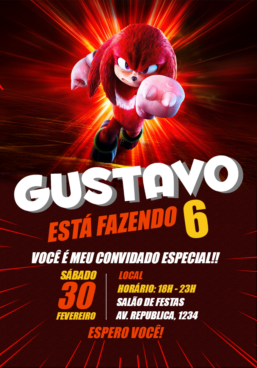 Convite Aniversário Knuckles do Sonic para Editar Online Convite Aniversário Knuckles do Sonic para Editar Online