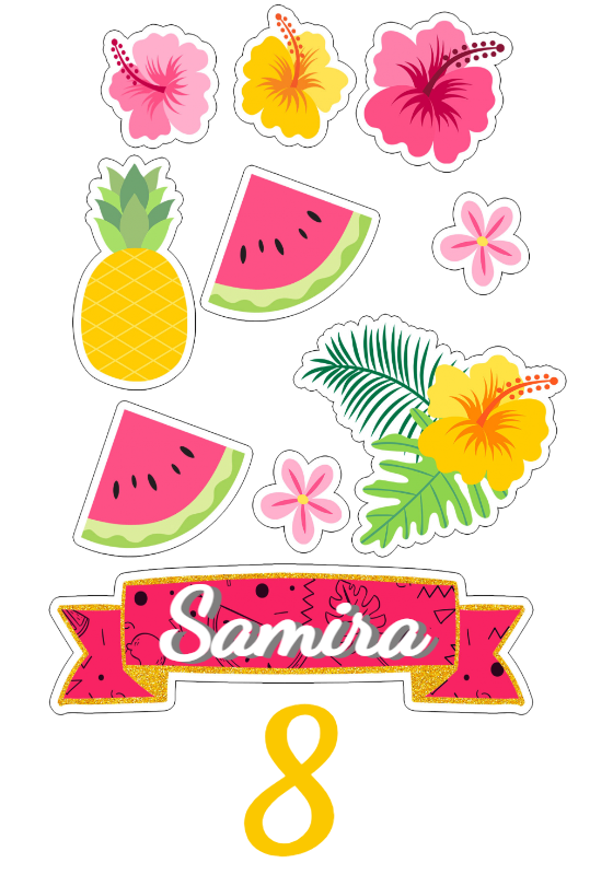 Topo de Bolo Tropical com Frutas e Flores para Editar Online Topo de Bolo Tropical com Frutas e Flores para Editar Online