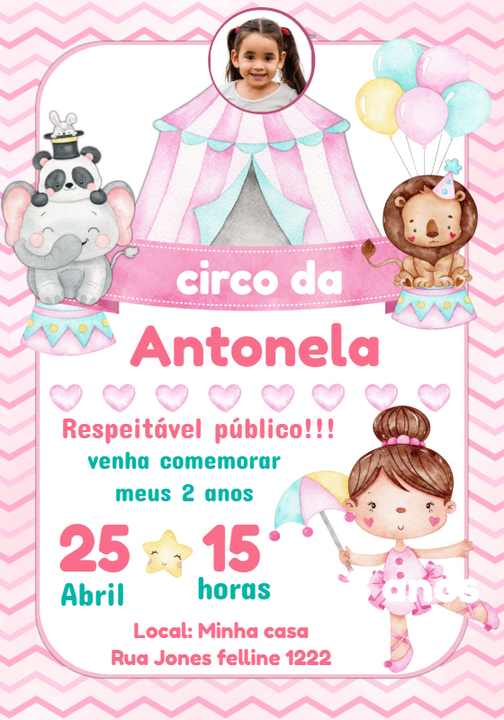 Convite Aniversário Circo Rosa com Foto para Editar Online Convite Aniversário Circo Rosa com Foto para Editar Online