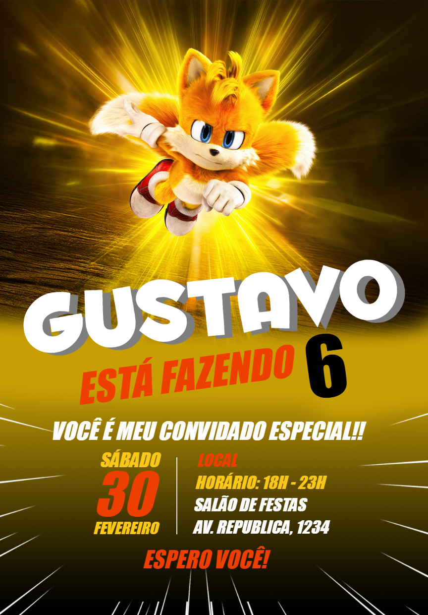 Convite de Aniversário Tails do Sonic para Editar Online Convite de Aniversário Tails do Sonic para Editar Online