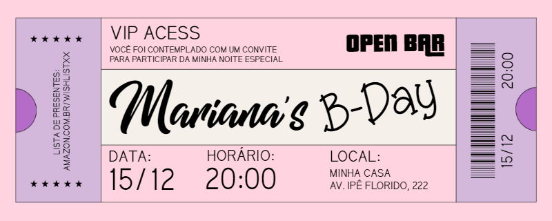 Convite Aniversário Ingresso VIP Rosa para Editar Online