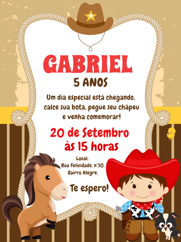 Convite Aniversário Cowboy Vaqueiro para Editar Online Convite Aniversário Cowboy Vaqueiro para Editar Online