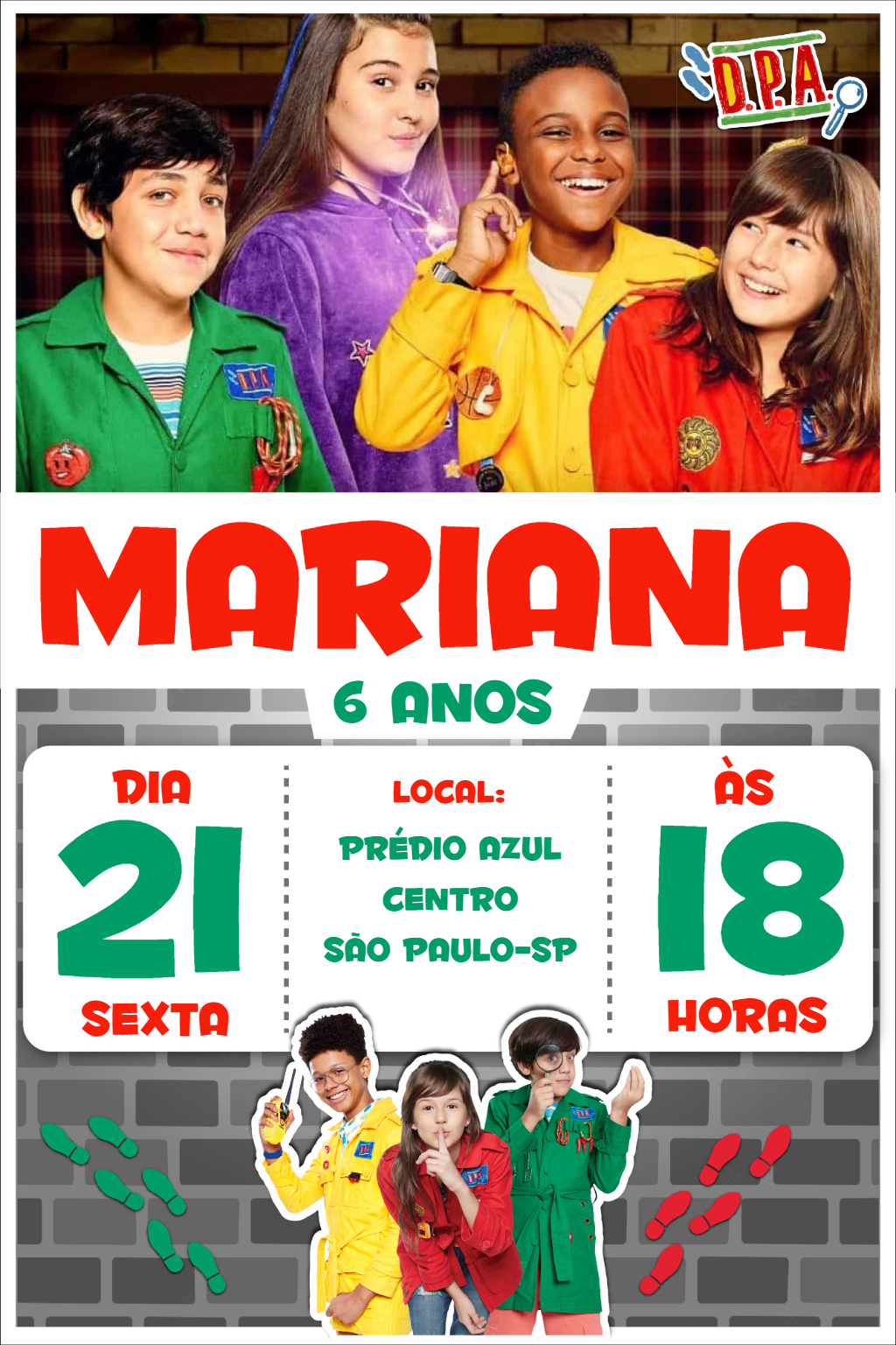 Convite de Aniversário D.P.A. com Personagens para Editar Convite de Aniversário D.P.A. com Personagens para Editar