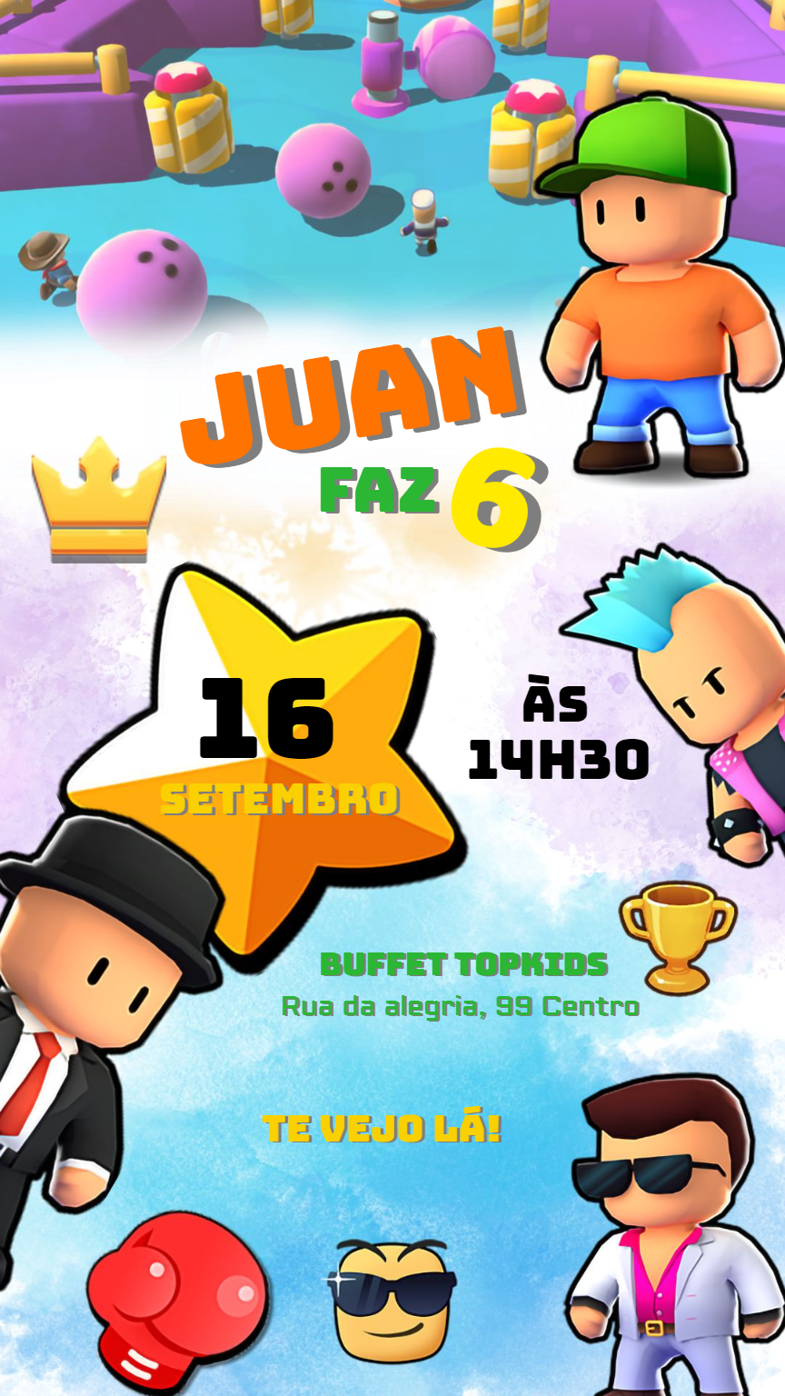 Convite Aniversário Stumble Guys com Personagens para Editar Convite Aniversário Stumble Guys com Personagens para Editar